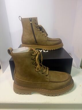 Steve Madden Olive-Tan Lace-Up Combat Boots with Side Zip